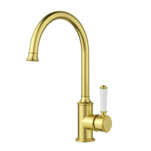 Clasico Gooseneck Sink Mixer Ceramic Handle Brushed Gold by Ikon, a Kitchen Taps & Mixers for sale on Style Sourcebook