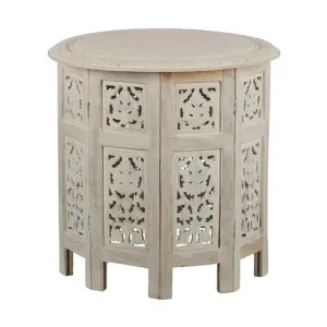 Larisa Carved Timber Round Side Table by Coast To Coast Home, a Side Table for sale on Style Sourcebook