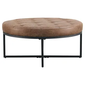Collserola Leather Look Fabric & Steel Round Ottoman, Saddle Brown by Dodicci, a Ottomans for sale on Style Sourcebook