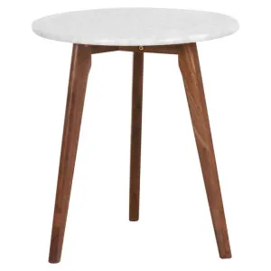 Oia Marble & Timber Round Side Table, White / Walnut by Life Interiors, a Side Table for sale on Style Sourcebook