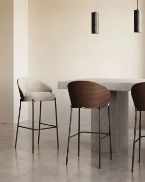 Eamy stool light brown chenilla and ash wood veneer with a wenge finish and black metal, 77 cm by Kave Home, a Bar Stools for sale on Style Sourcebook