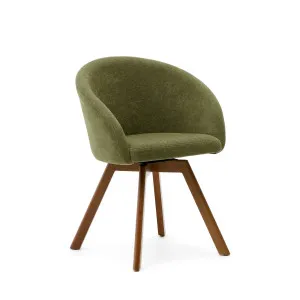 Marvin green chenille swivel chair with solid beech wood legs with a walnut finish by Kave Home, a Dining Chairs for sale on Style Sourcebook