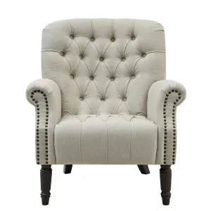 Maurice Natural Linen Hamptons Buttoned Armchair W/Studs Linen Blend by Florabelle Living, a Chairs for sale on Style Sourcebook