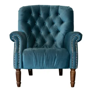 Maurice Velvet Blue Buttoned Armchair W/ Studs by Florabelle Living, a Chairs for sale on Style Sourcebook