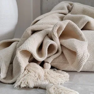 Amiens Linen Cotton Waffle Texture Tassel per Soft Massive Throw Bedcover 150cmx220cm - Off White by Macey & Moore, a Cushions, Decorative Pillows for sale on Style Sourcebook