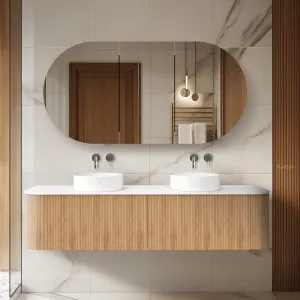 Orio Hayman Light Walnut Fluted 1800mm Curve Double Bowl Wall Hung Vanity by Orio, a Vanities for sale on Style Sourcebook