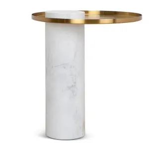 Marcela 40cm Round Brushed Gold Side Table - Carrara Marble by Interior Secrets - AfterPay Available by Interior Secrets, a Side Table for sale on Style Sourcebook