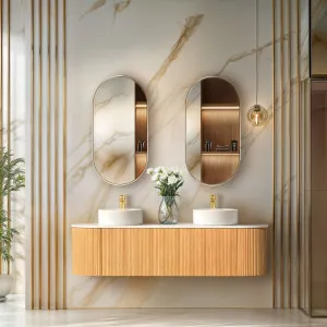 Orio Montebello Light Walnut Fluted 1500mm Curve Double Bowl Wall Hung Vanity by Orio, a Vanities for sale on Style Sourcebook