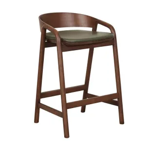 Tolv Inlay Upholstered Barstool - Kale Leather - Walnut by Sketch, a Bar Stools for sale on Style Sourcebook