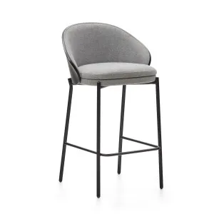 Eamy stool light grey chenille and ash wood veneer with a black finish and black metal, 65 cm by Kave Home, a Bar Stools for sale on Style Sourcebook