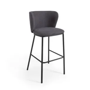 Ciselia stool in dark grey chenille and black steel legs 75 cm FSC Mix Credit by Kave Home, a Bar Stools for sale on Style Sourcebook