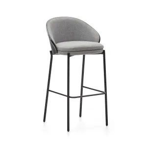 Eamy stool light grey chenille and ash wood veneer with a black finish and black metal, 75 cm by Kave Home, a Bar Stools for sale on Style Sourcebook