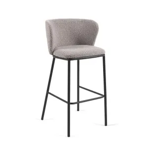 Ciselia stool with light grey bouclé and black steel legs height 75 cm FSC Mix Credit by Kave Home, a Bar Stools for sale on Style Sourcebook