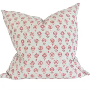 LAST ONE - Olso Pink Artisan Block Printed Heavy Weight Pure French Linen Cushion 55cm Square - Feather Filled by Macey & Moore, a Cushions, Decorative Pillows for sale on Style Sourcebook