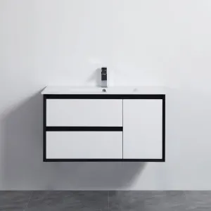 Poseidon Petra Matte White and Matte Black 900mm Single Bowl Wall Hung Vanity (Available In Left and Right Hand Drawer) by Poseidon, a Vanities for sale on Style Sourcebook