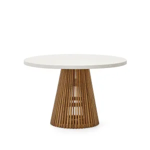 Alcaufar round outdoor table made of solid teak wood and white cement Ø 120 cm by Kave Home, a Tables for sale on Style Sourcebook