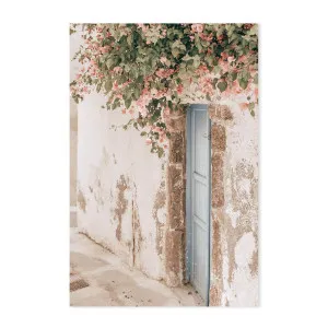 Bougainvillea flower and blue door in Santorini, Style A by Gioia Wall Art, a Prints for sale on Style Sourcebook