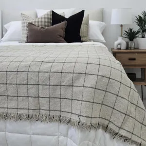 Irish Linen Cotton Bedcover Massive Throw Fringe 230x200cm - Black Plaid by Macey & Moore, a Cushions, Decorative Pillows for sale on Style Sourcebook