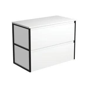 Amato Satin White 900 Wall-Hung Cabinet, Matte Black Frames by Fienza, a Vanities for sale on Style Sourcebook