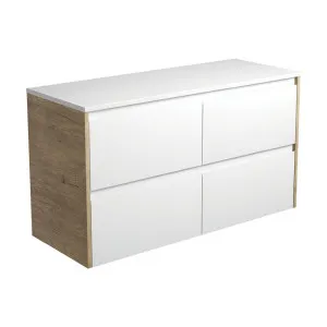 Amato Satin White 1200 Wall-Hung Cabinet, Scandi Oak Panels by Fienza, a Vanities for sale on Style Sourcebook