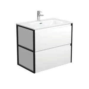 Joli Amato 750 Satin White Wall-Hung Vanity, Matte Black Frames by Fienza, a Vanities for sale on Style Sourcebook