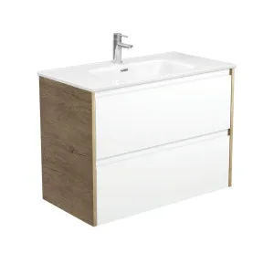 Joli Amato 900 Satin White Wall-Hung Vanity, Scandi Oak Panels by Fienza, a Vanities for sale on Style Sourcebook