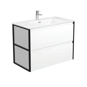 Joli Amato 900 Satin White Wall-Hung Vanity, Matte Black Frames by Fienza, a Vanities for sale on Style Sourcebook