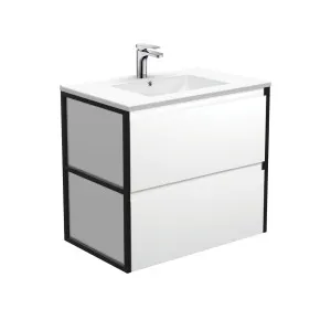 Dolce Amato 750 Satin White Wall-Hung Vanity, Matte Black Frames by Fienza, a Vanities for sale on Style Sourcebook