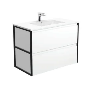 Dolce Amato 900 Satin White Wall-Hung Vanity, Matte Black Frames by Fienza, a Vanities for sale on Style Sourcebook