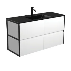 Dolce Matte Black Amato 1200 Satin White Wall-Hung Vanity, Matte Black Frames by Fienza, a Vanities for sale on Style Sourcebook