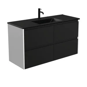 Dolce Matte Black Amato 1200 Satin Black Wall-Hung Vanity, Satin White Panels by Fienza, a Vanities for sale on Style Sourcebook