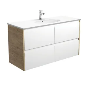 Rotondo Amato 1200 Satin White Wall-Hung Vanity, Scandi Oak Panels by Fienza, a Vanities for sale on Style Sourcebook