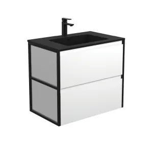 Montana Amato 750 Satin White Wall-Hung Vanity, Matte Black Frames by Fienza, a Vanities for sale on Style Sourcebook