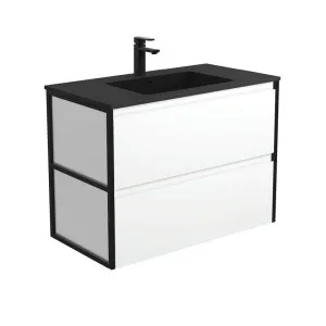 Montana Amato 900 Satin White Wall-Hung Vanity, Matte Black Frames by Fienza, a Vanities for sale on Style Sourcebook