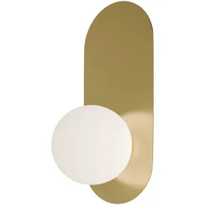 Calibo Crest Opal Glass 120mm Orb Wall Light Oval Plate 320mm Brass by Calibo, a Outdoor Lighting for sale on Style Sourcebook