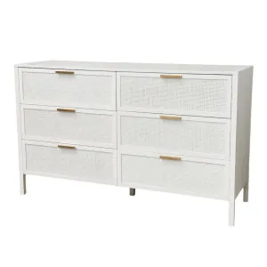 Santorini Hamptons 6 Drawer Timber/Rattan Dresser 140cm White by OneWorld Collection, a Dressers & Chests of Drawers for sale on Style Sourcebook