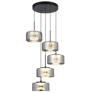 Telbix Cedro Smoked Round Glass Tricolour LED Pendant 5 Light by Telbix, a Pendant Lighting for sale on Style Sourcebook