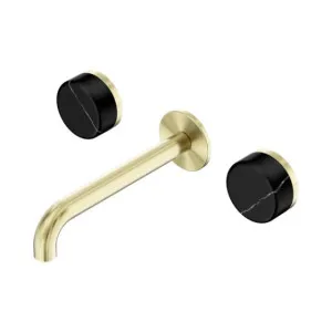Nero Serenity Wall Basin Set 220mm Spout With Marquina Black Handle Brushed Gold by Nero Tapware, a Bathroom Taps & Mixers for sale on Style Sourcebook