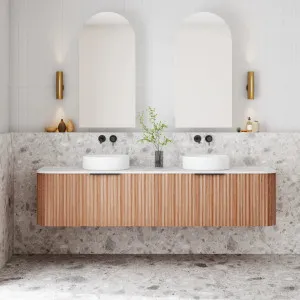 V-Groove Curved Wall Hung Vanity - Double Walnut by null, a Vanity Mirrors for sale on Style Sourcebook