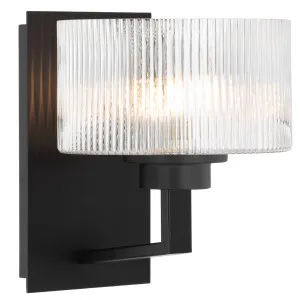 Telbix Moreno II Modern Drum Wall Light with Ribbed Glass Shade Black by Telbix, a Wall Lighting for sale on Style Sourcebook