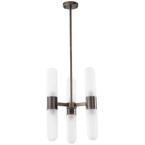 Hepburn 6 Light Tubular Glass Pendant with Sculptural Mid­ Century Elegance Antique Brass by Lighting Inspirations, a Chandeliers for sale on Style Sourcebook