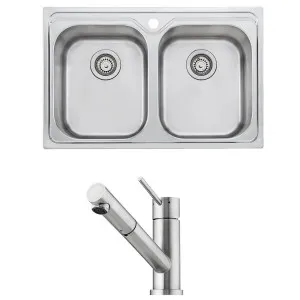Oliveri Diaz Double Bowl Sink with Essente Pull Out Tap Pack SS31615DZ23TU by Oliveri, a Kitchen Sinks for sale on Style Sourcebook