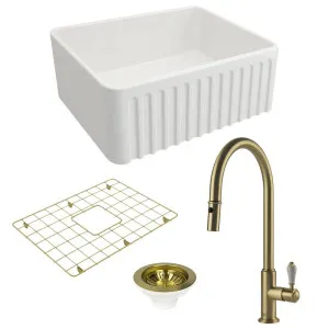 Turner Hastings Novi 60 Butler Sink Pack with Brushed Brass Ludlow Pull Out Mixer Tap and Accessories PKG025 by Turner Hastings, a Kitchen Sinks for sale on Style Sourcebook