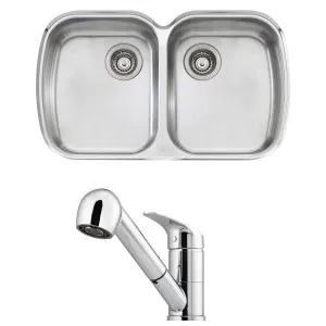 Oliveri Monet Double Bowl Sink and London Chrome Pull Out Tap Pack LON580FCR-PMO70U by Oliveri, a Kitchen Sinks for sale on Style Sourcebook