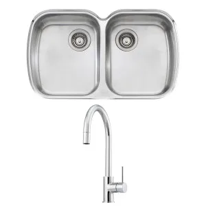 Oliveri Monet Double Bowl Sink and Venice Chrome Pull Out Tap Pack VE520FCR-PMO70U by Oliveri, a Kitchen Sinks for sale on Style Sourcebook