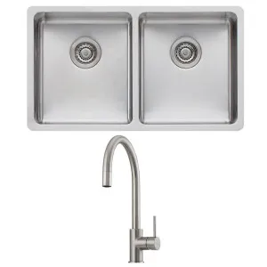 Oliveri Sonetto Double Bowl Sink and Venice Brushed Nickel Pull Out Tap Pack VE520FBN-PSN63TU by Oliveri, a Kitchen Sinks for sale on Style Sourcebook