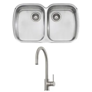 Oliveri Monet Double Bowl Sink and Venice Brushed Nickel Pull Out Tap Pack VE520FBN-PMO70U by Oliveri, a Kitchen Sinks for sale on Style Sourcebook