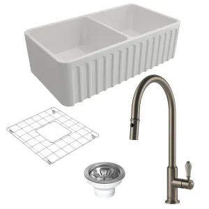 Turner Hastings Novi 85 Double Bowl Butler Sink Pack with Brushed Nickel Ludlow Pull Out Mixer Tap and Accessories PKG017 by Turner Hastings, a Kitchen Sinks for sale on Style Sourcebook