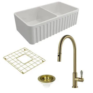 Turner Hastings Novi 85 Double Bowl Butler Sink Pack with Brushed Brass Ludlow Pull Out Mixer Tap and Accessories PKG013 by Turner Hastings, a Kitchen Sinks for sale on Style Sourcebook