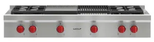 WOLF 122cm Natural Gas Cooktop with Chargrill and Teppanyaki Plate ICBSRT484CGNG by Wolf, a Cooktops for sale on Style Sourcebook
